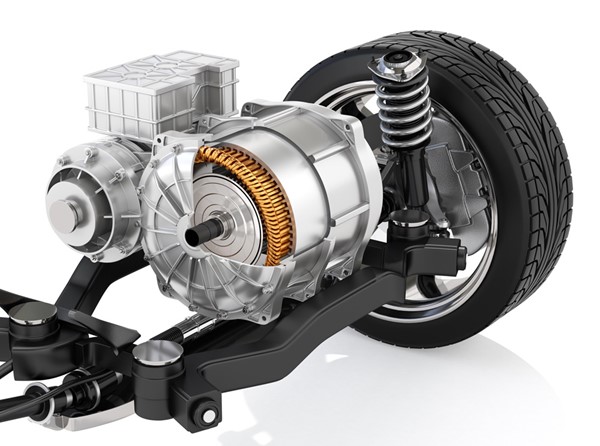 Cutaway view of Electric Vehicle Motor with suspension on white background